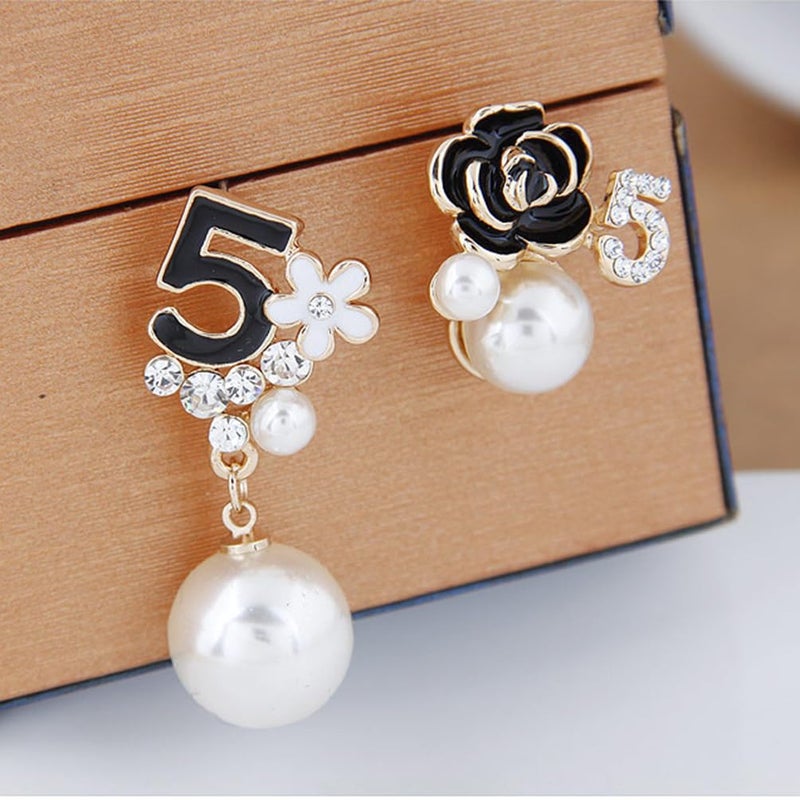 Glamtune Faux Imitation Pearl White Black Floral Dangle Drop Earrings Studs for Women - Image 2